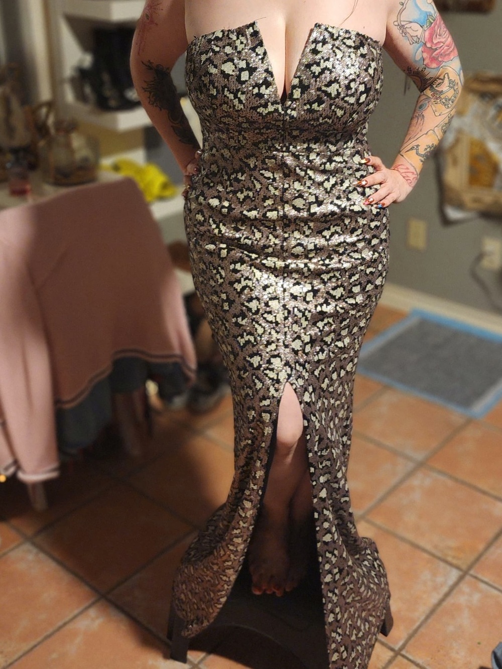 Sequin Leopard-Print Strapless Evening Gown in Gold and Black